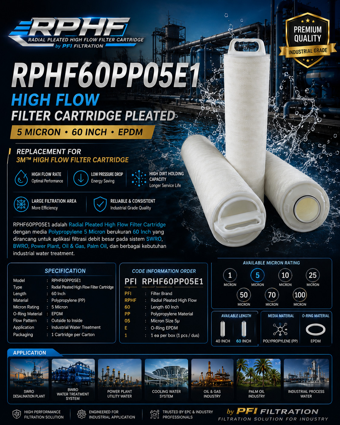 RPHF60PP05E1 High Flow Filter Cartridge Pleated RPHF60PP05E1 High Flow Filter Cartridge Pleated 5 Micron 60 Inch