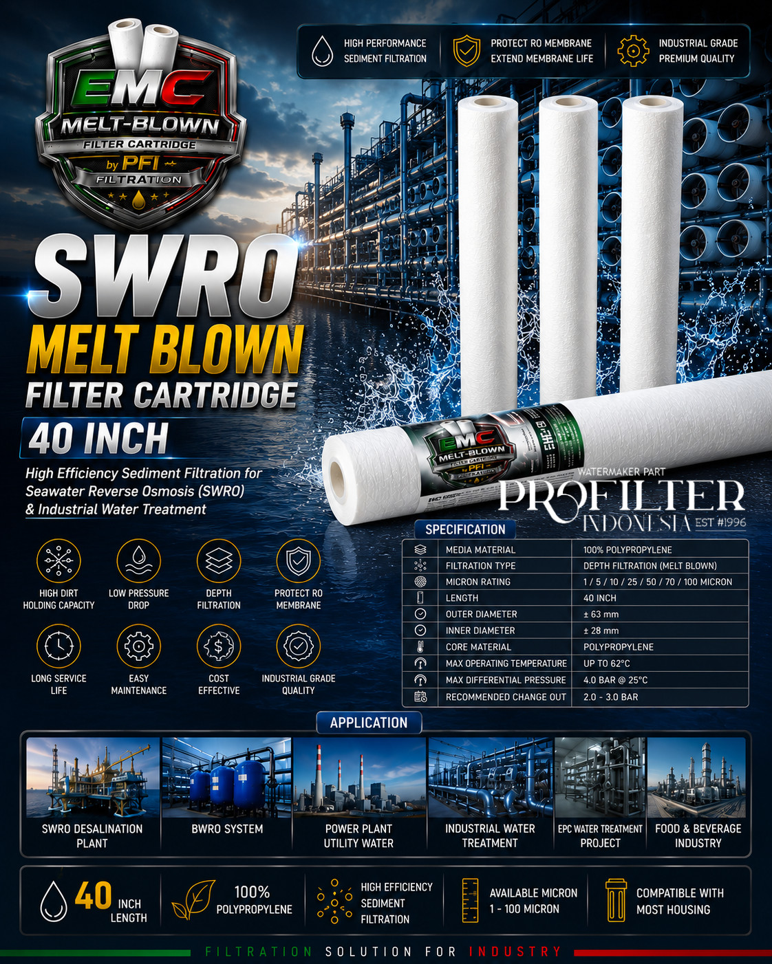 SWRO Melt Blown Filter Cartridge 40 Inch
