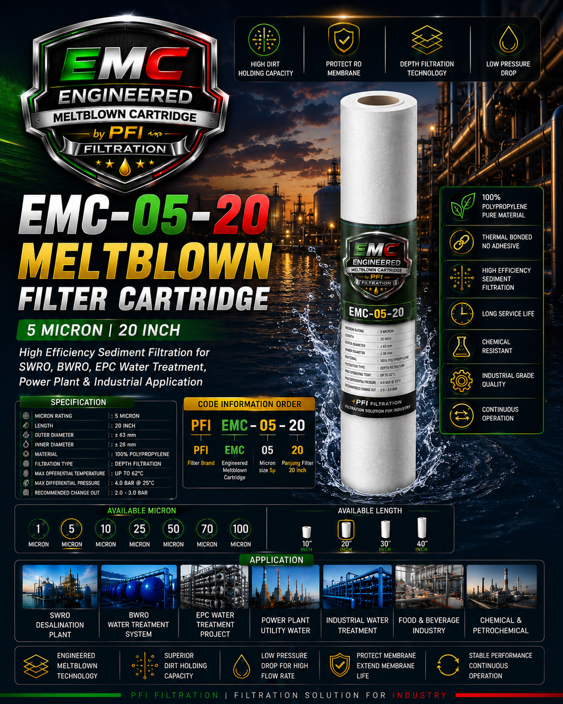 EMC-05-20 Meltblown Filter Cartridge High Dirt holding capacity