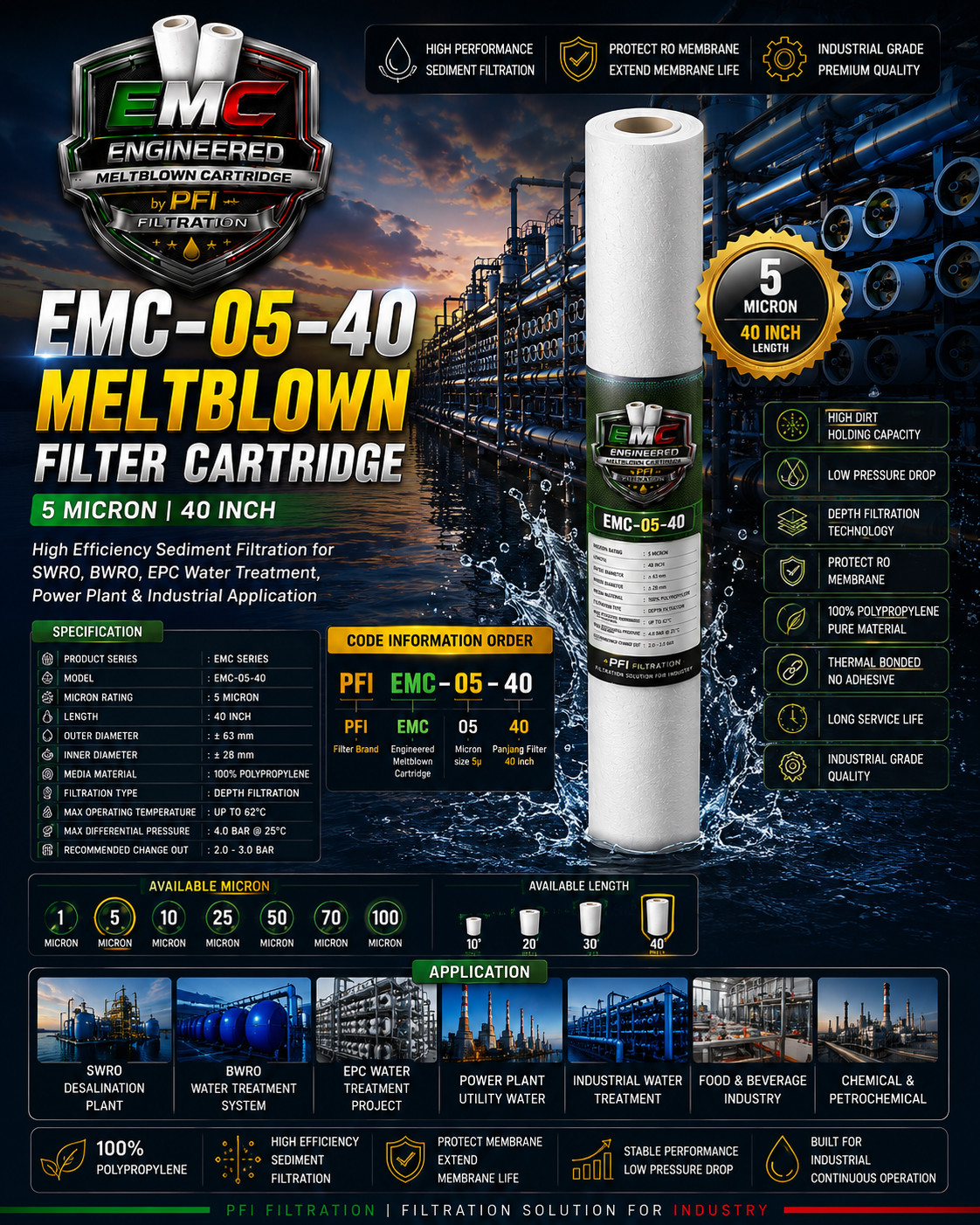 EMC-05-40 Meltblown Filter Cartridge 5 Micron 40 Inch EMC-05-40 Meltblown Filter Cartridge 5 Micron 40 Inch for SWRO BWRO Power Plant