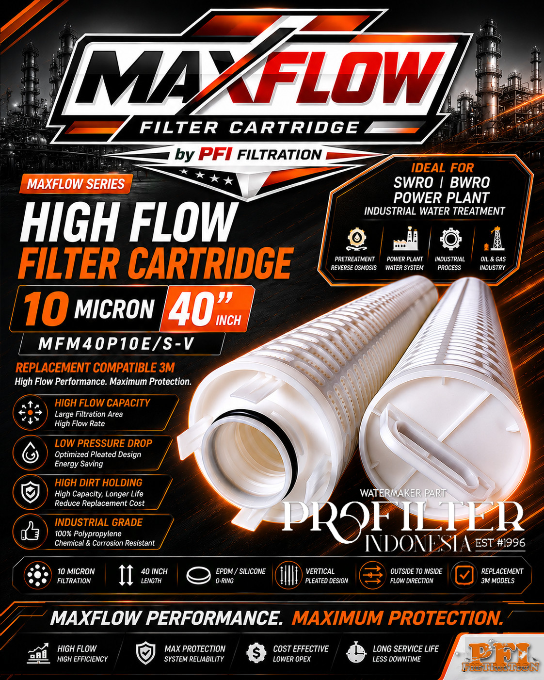 MAXFLOW Filter Cartridge High Flow 10 Micron 40 Inch