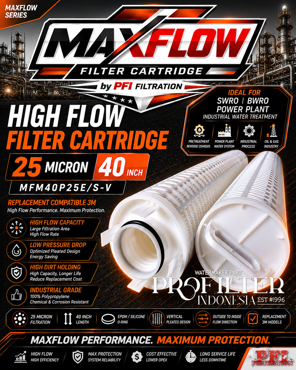 MAXFLOW Filter Cartridge High Flow 25 Micron 40 Inch