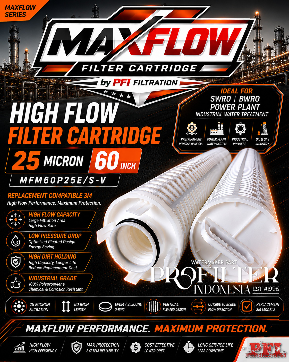 MAXFLOW Filter Cartridge High Flow 25 Micron 60 Inch
