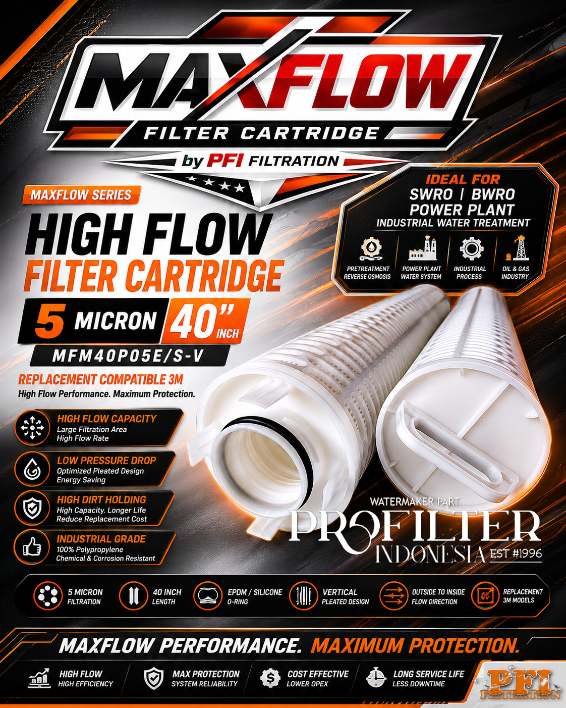 MAXFLOW Filter Cartridge High Flow 5 Micron 40 Inch